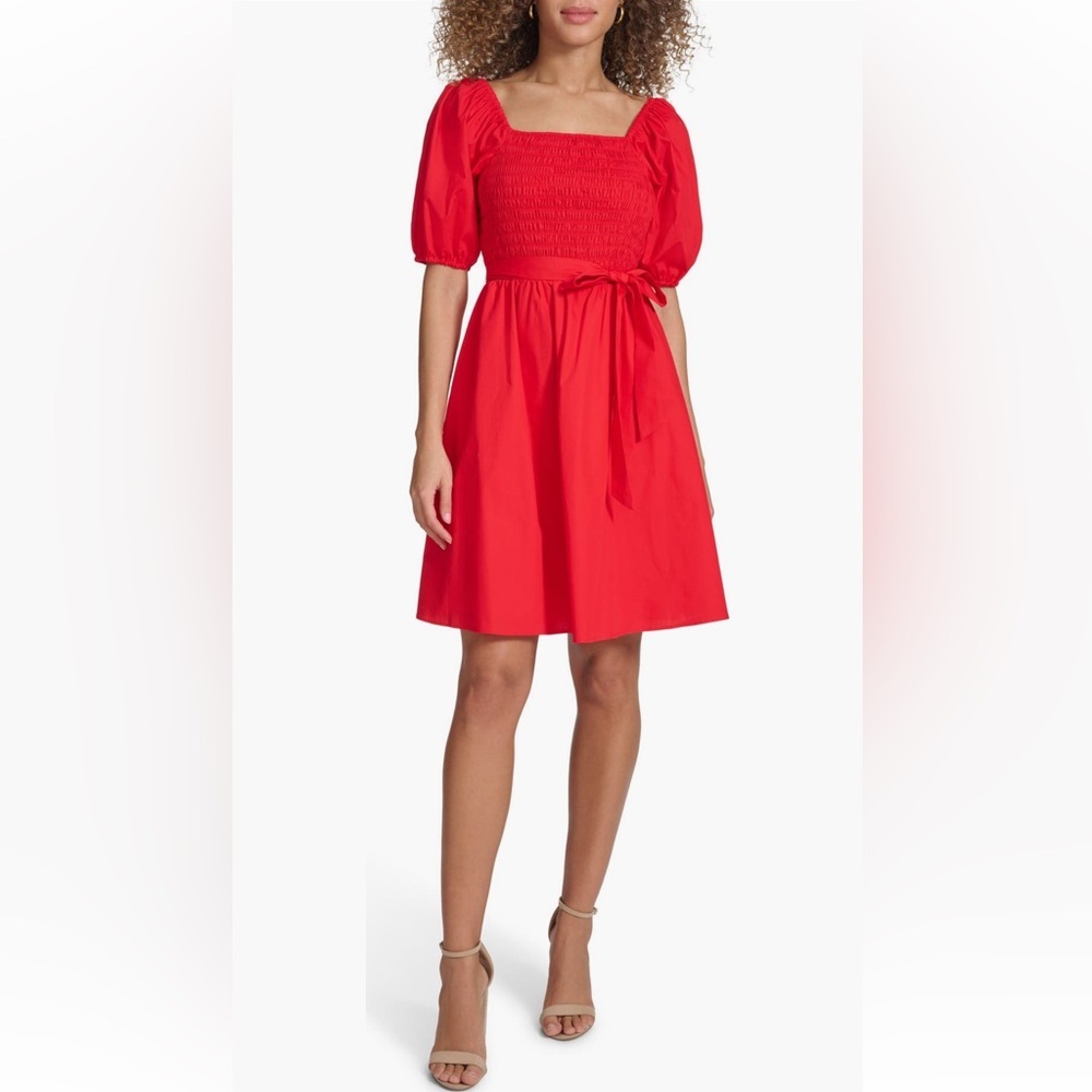 Kensie Red Cotton Dress with Puff Sleeves NWT